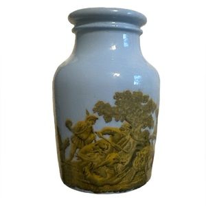 1850's Prattware Pottery Mustard Jar 4 1/4" Antique Vintage Blue Hunting Scenery